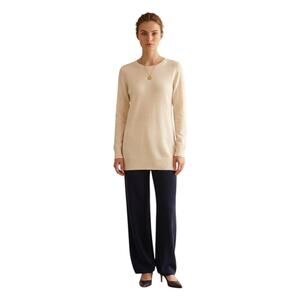 WORTH 100% Wool Luxury Knitwear Tunic Crew Neck Long Sleeve Sweater Cream Small